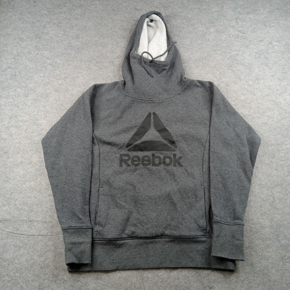 Reebok Hoodie Mens‎ Medium Gray Fleece Pullover Sweatshirt Big Logo Athletic